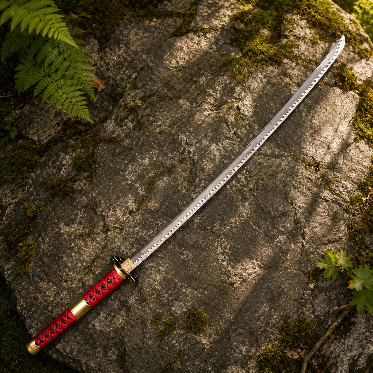 Roronoa Zoro One Piece sword replica with red tsuka wrap and serrated blade laid flat on mossy rock in forest setting