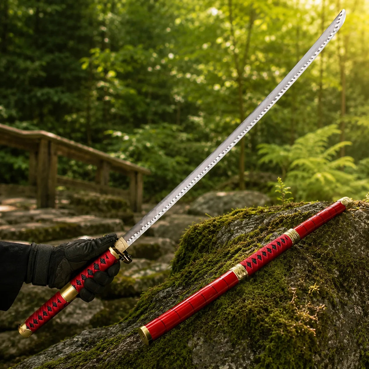 Roronoa Zoro One Piece sword replica with red handle resting on forest log with golden sunlight filtering through trees