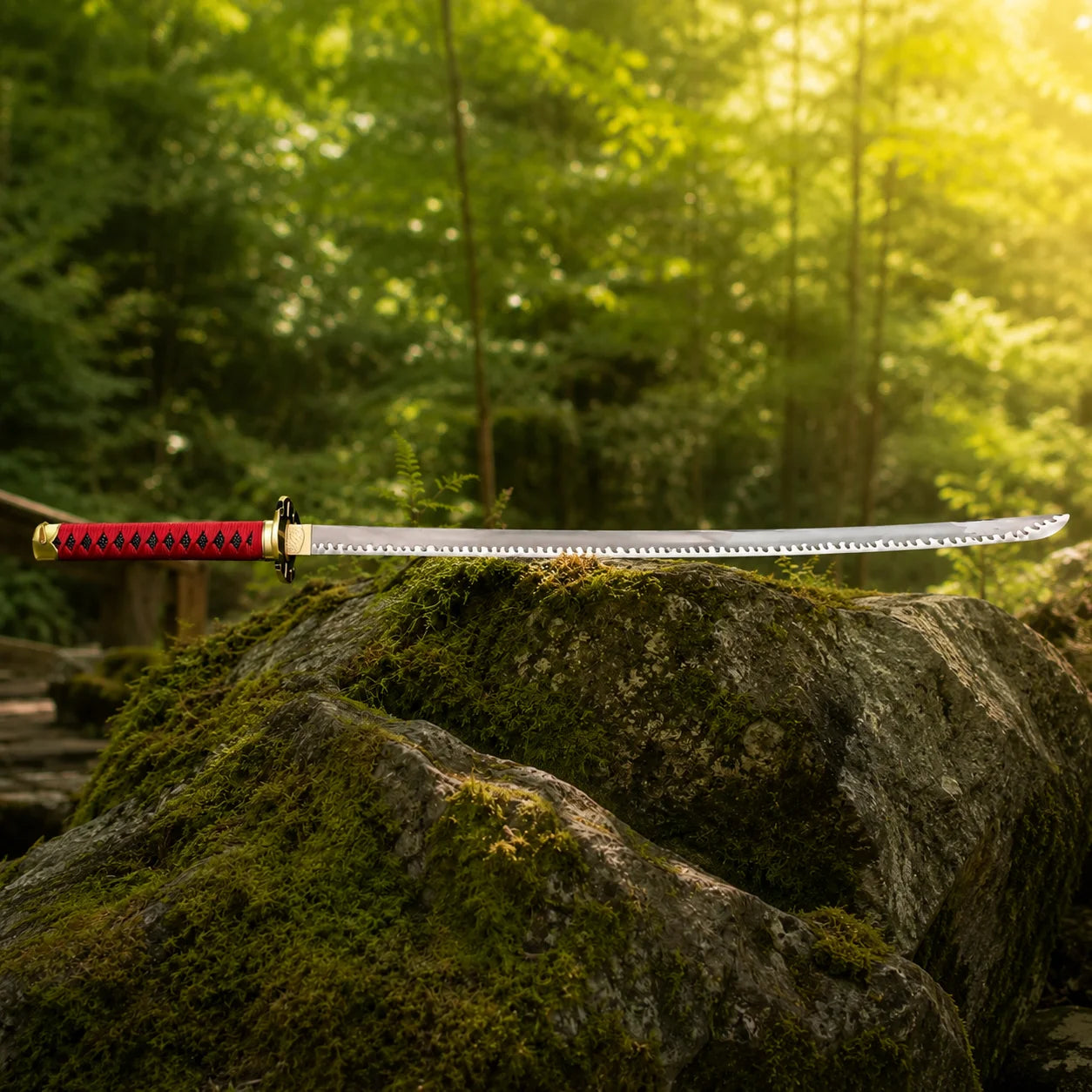 Angled view of Roronoa Zoro One Piece sword replica on mossy log showing full blade length and red handle detail