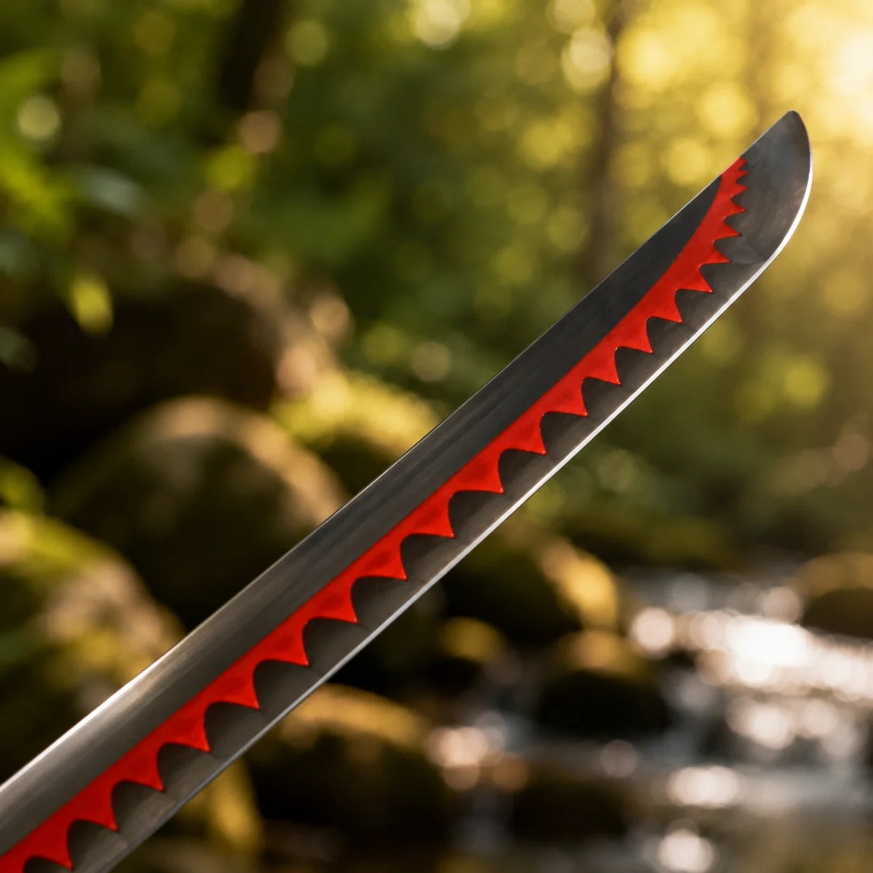 Detail shot of Roronoa Zoro One Piece sword replica blade with red serrated spine in lush forest environment