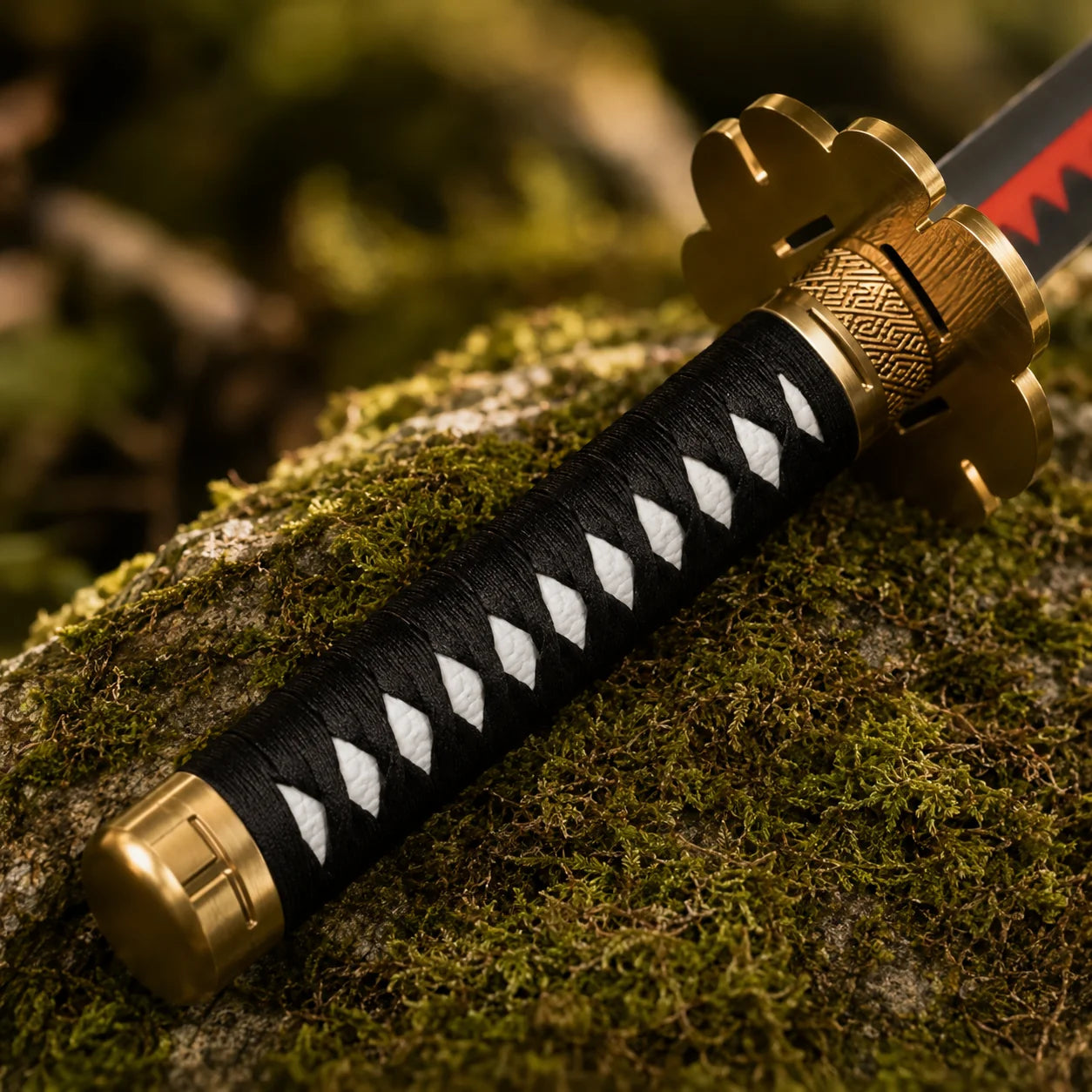 Overhead view of Roronoa Zoro One Piece sword replica with red handle on mossy rock surrounded by forest ferns