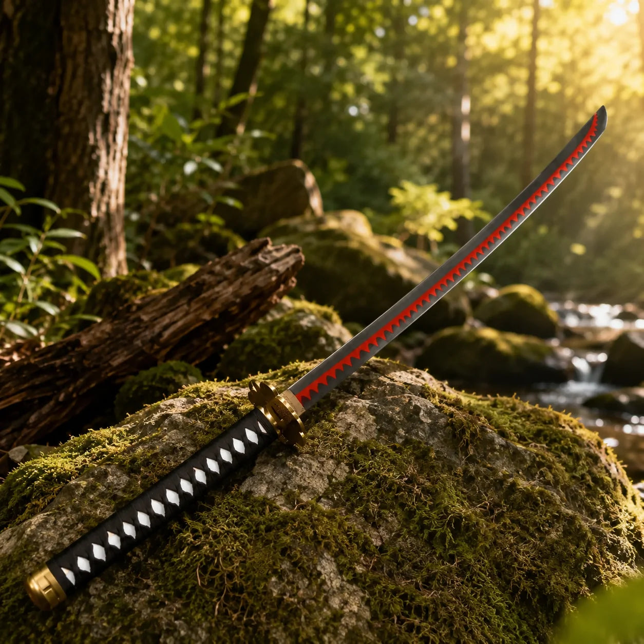 Roronoa Zoro One Piece sword replica displayed upright in forest setting with dramatic sunburst lighting effect