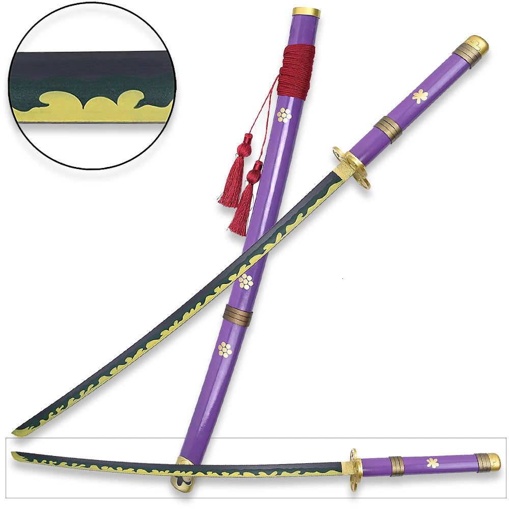 Close-up of the Purple Enma Katana Sword showing its decorated handle, zinc guard, gold fittings, and orange accents