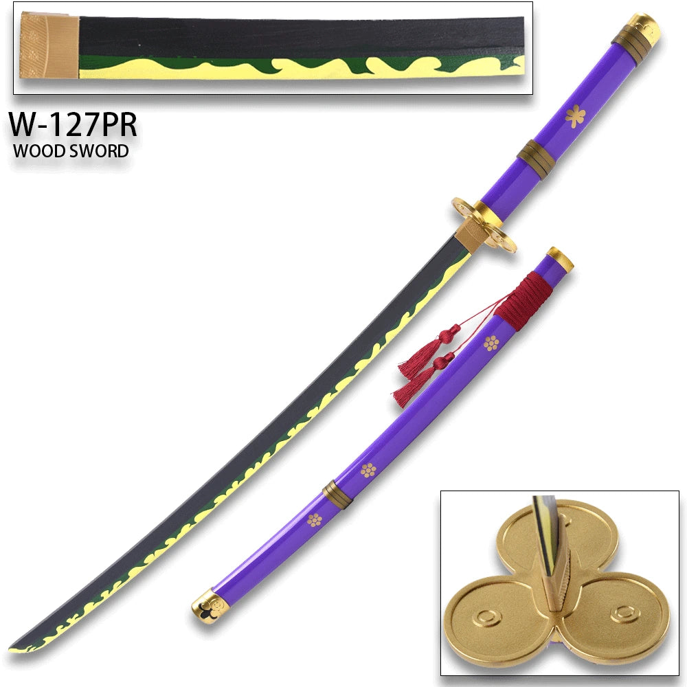 Detailed Purple Enma Sword inspired by Roronoa Zoro from One Piece showcased as a decorative anime collectible for fans and collectors