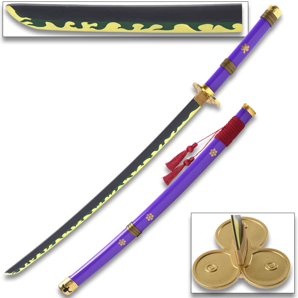 One Piece Roronoa Zoro Purple Enma Sword displayed with elegant craftsmanship for anime enthusiasts, cosplay photography and collector displays