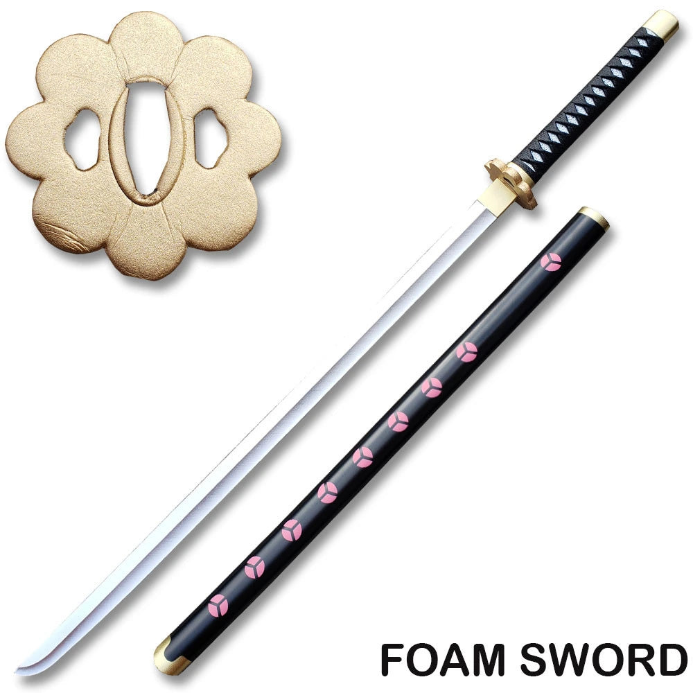Roronoa Zoro Shusui foam sword displayed beside a high-gloss scabbard with pink symbols for cosplay photography
