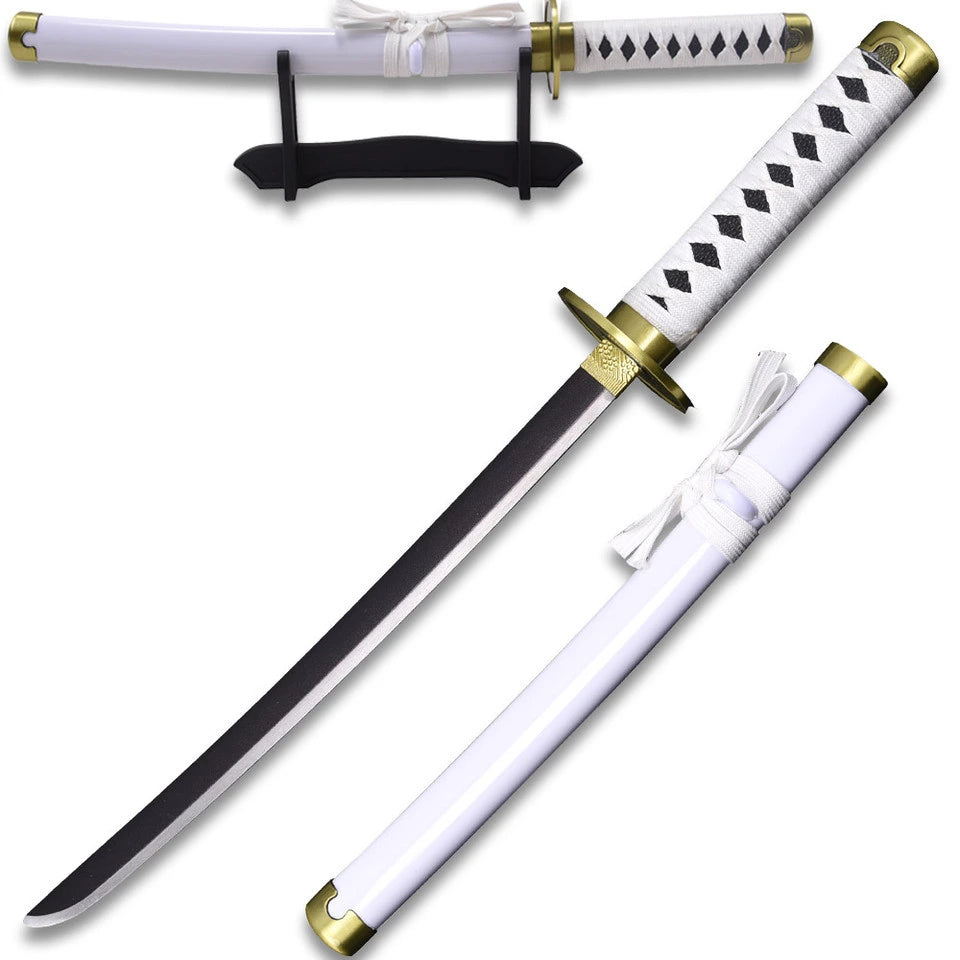 Close-up photograph of the White Wado Ichimonji Mini Katana collectible highlighting the traditional wrapped handle, decorative guard, premium white display finish, matching scabbard, and exceptional craftsmanship inspired by Roronoa Zoro from One Piece.