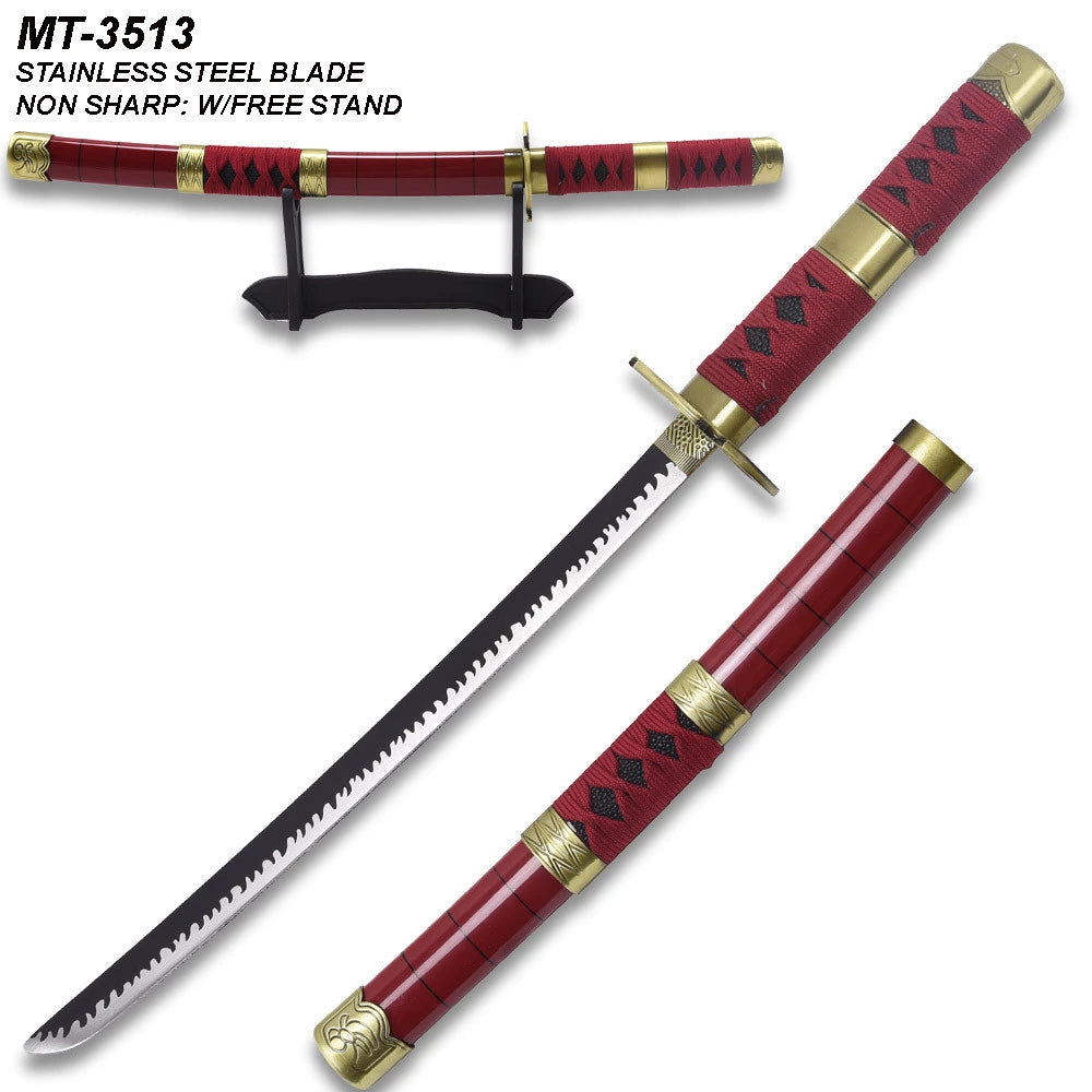 Close-up photograph of the Wado Ichimonji Mini Katana collectible highlighting the traditional wrapped handle, decorative guard, premium display finish, matching scabbard, and exceptional craftsmanship inspired by Roronoa Zoro from One Piece.