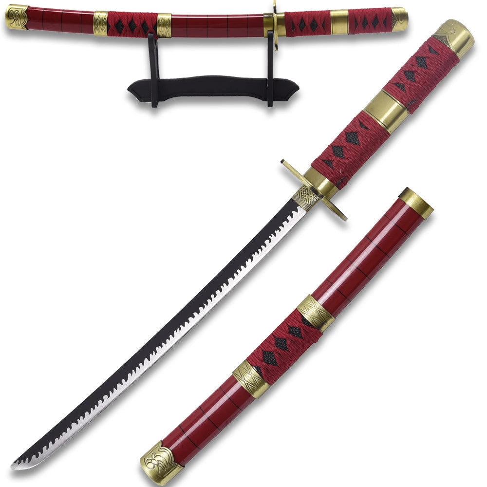 Wado Ichimonji Mini Katana One Piece collectible inspired by Roronoa Zoro featuring premium decorative craftsmanship, matching decorative scabbard, wrapped handle, elegant collector-quality finish, and anime-inspired detailing for cosplay enthusiasts and collectors.