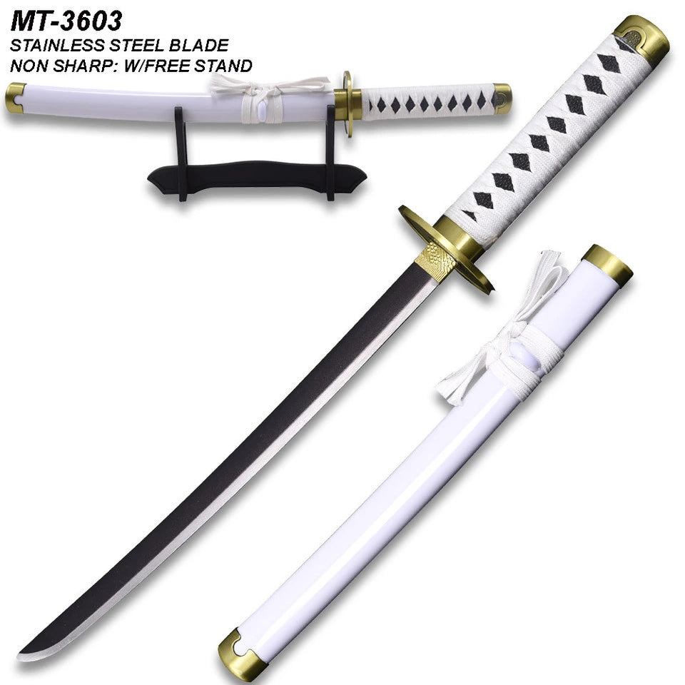 Premium White Wado Ichimonji Mini Katana collectible displayed on a clean background emphasizing decorative white finish, detailed fittings, traditional wrapped handle, matching decorative scabbard, and outstanding craftsmanship inspired by One Piece.