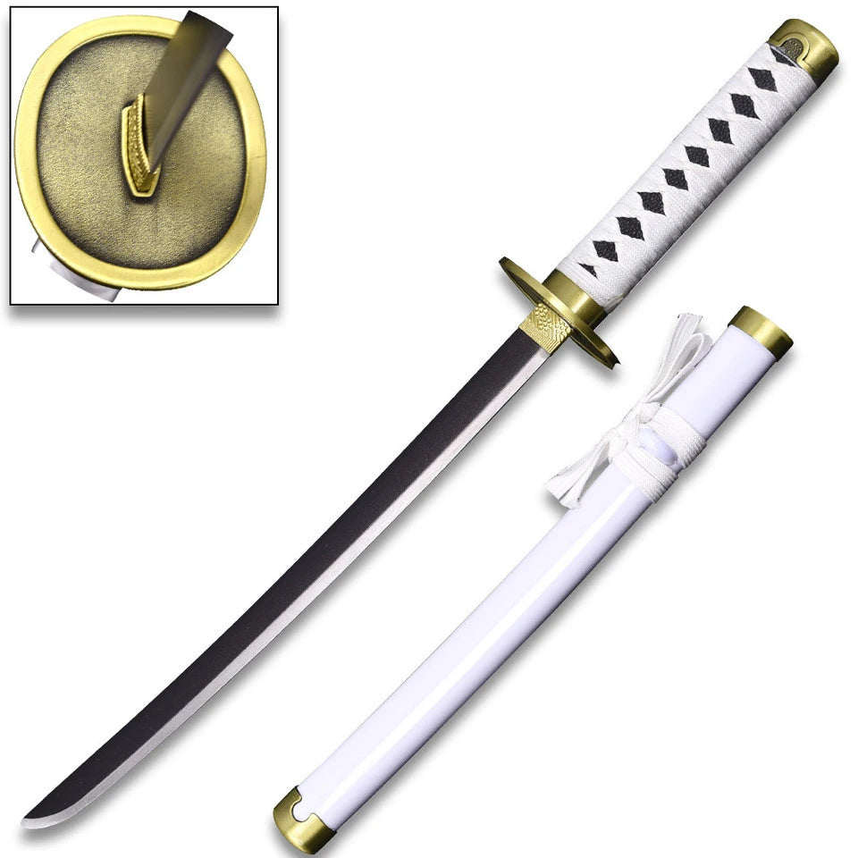 Full-length White Wado Ichimonji Mini Katana One Piece collectible displayed with matching decorative scabbard showcasing premium craftsmanship, compact collectible size, elegant styling, and display-ready presentation for anime collections, gaming rooms, and cosplay displays.