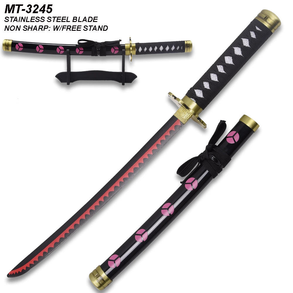 Premium Shusui Mini Katana collectible displayed on a clean background emphasizing decorative black finish, detailed red hamon design, traditional wrapped handle, matching decorative scabbard, and collector-quality craftsmanship inspired by One Piece.
