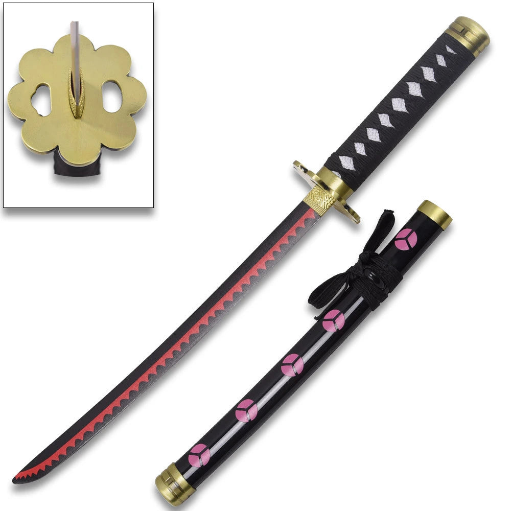 Full-length Shusui Mini Katana One Piece collectible displayed with matching decorative scabbard showcasing premium craftsmanship, compact collectible size, signature red hamon styling, elegant presentation, and display-ready quality for anime collections.