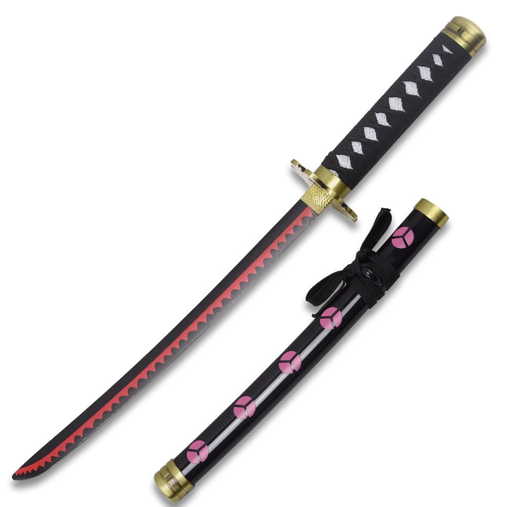 Close-up image of the Shusui Mini Katana collectible highlighting the elegant red hamon pattern, traditional wrapped handle, decorative guard, premium black finish, matching scabbard, and anime-inspired craftsmanship based on Roronoa Zoro from One Piece.
