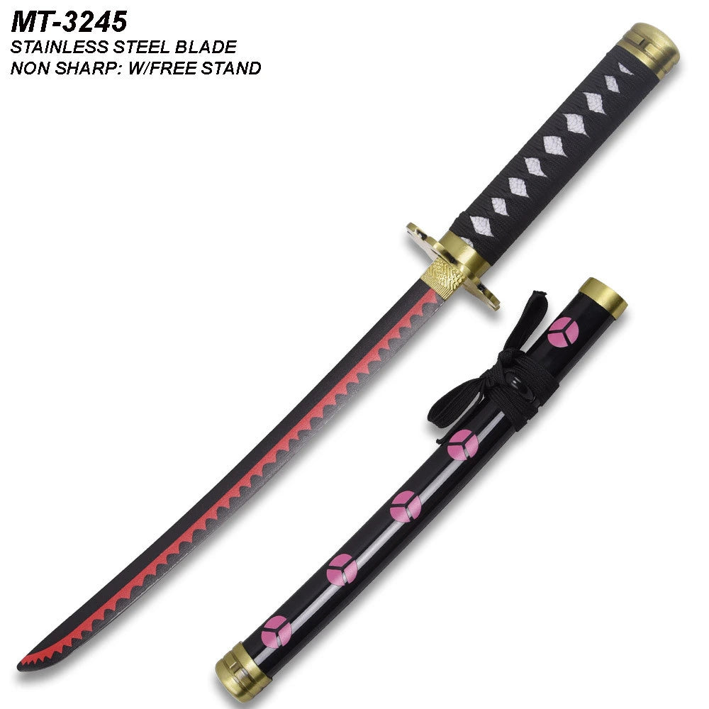 Shusui Mini Katana One Piece collectible inspired by Roronoa Zoro featuring premium black decorative finish, signature red hamon detailing, matching decorative scabbard, wrapped handle, and collector-quality craftsmanship for anime enthusiasts and cosplay displays.