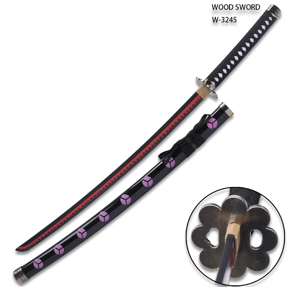 Roronoa Zoro Shusui wooden Sword and decorative scabbard showcased for cosplay events and anime collections