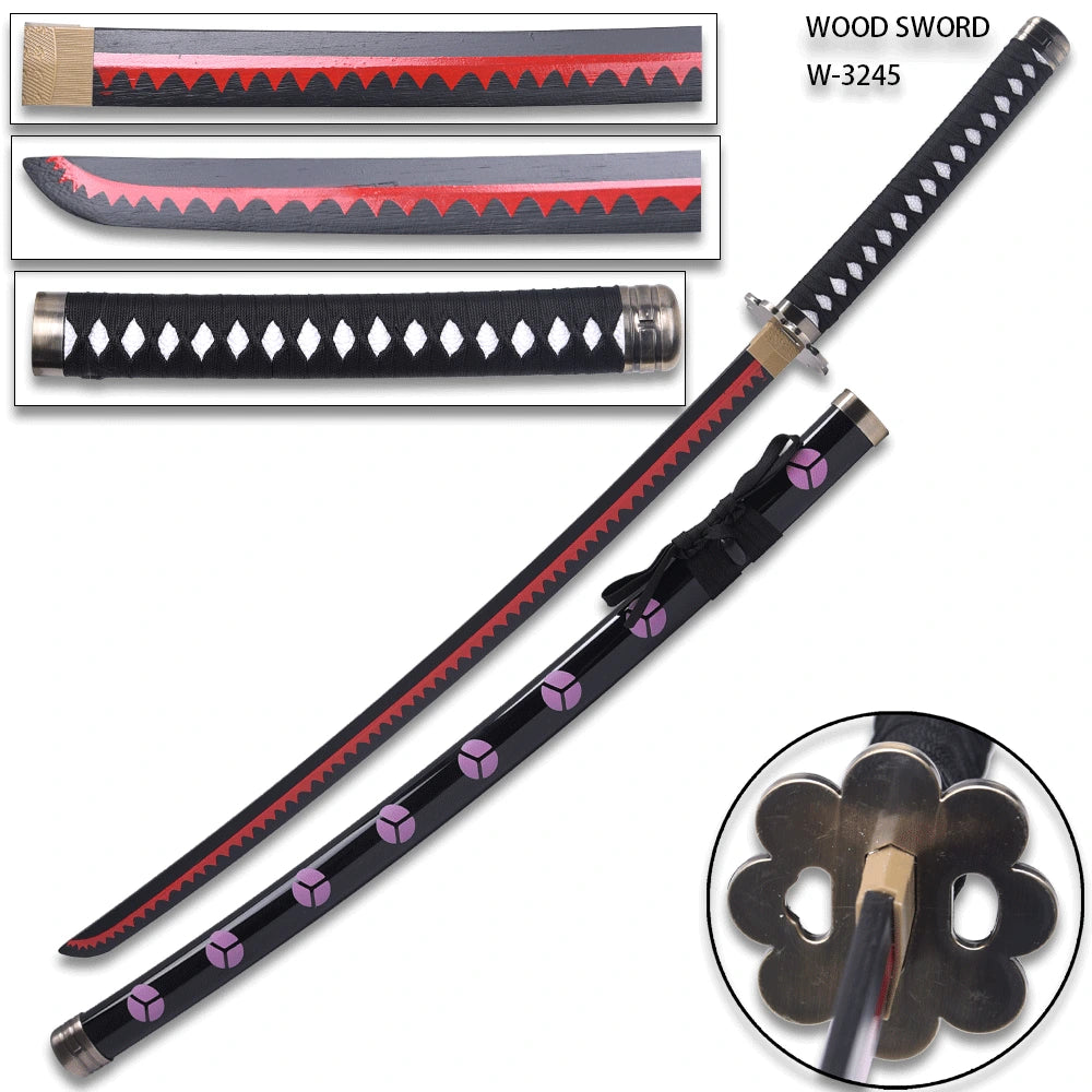 One Piece Shusui Sword with wooden construction and matching scabbard arranged for anime room décor and photography