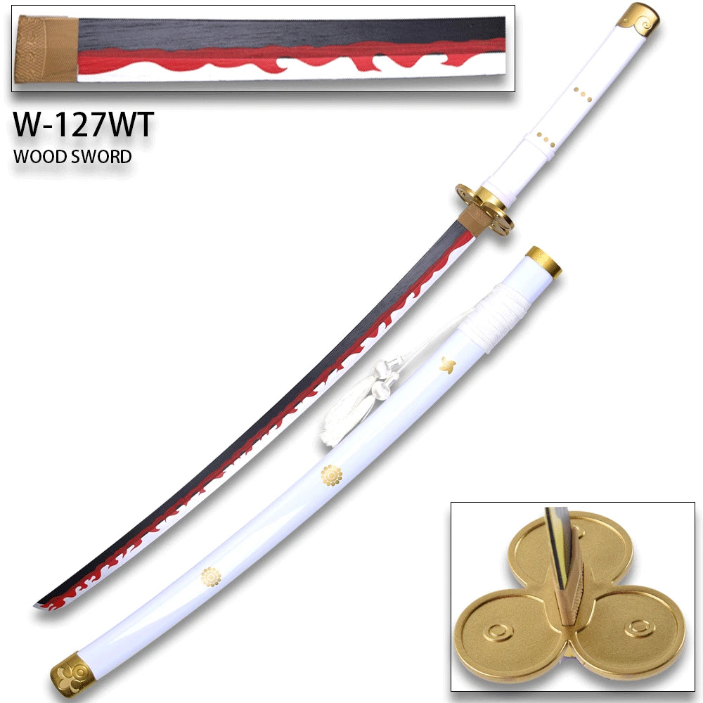 Detailed Roronoa Zoro White Enma Sword with decorative white scabbard from One Piece designed for collectors, cosplay photography and anime room décor