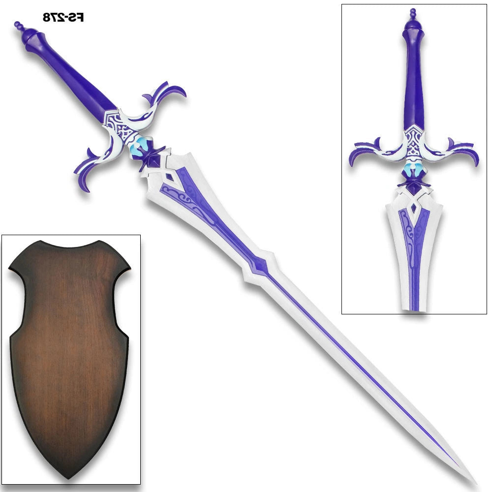 Premium Genshin Impact Sacrificial Sword display collectible with detailed decorative engravings, polished stainless steel craftsmanship, elegant purple fantasy styling, and exceptional collector-quality presentation for display cabinets, gaming setups, and convention showcases.