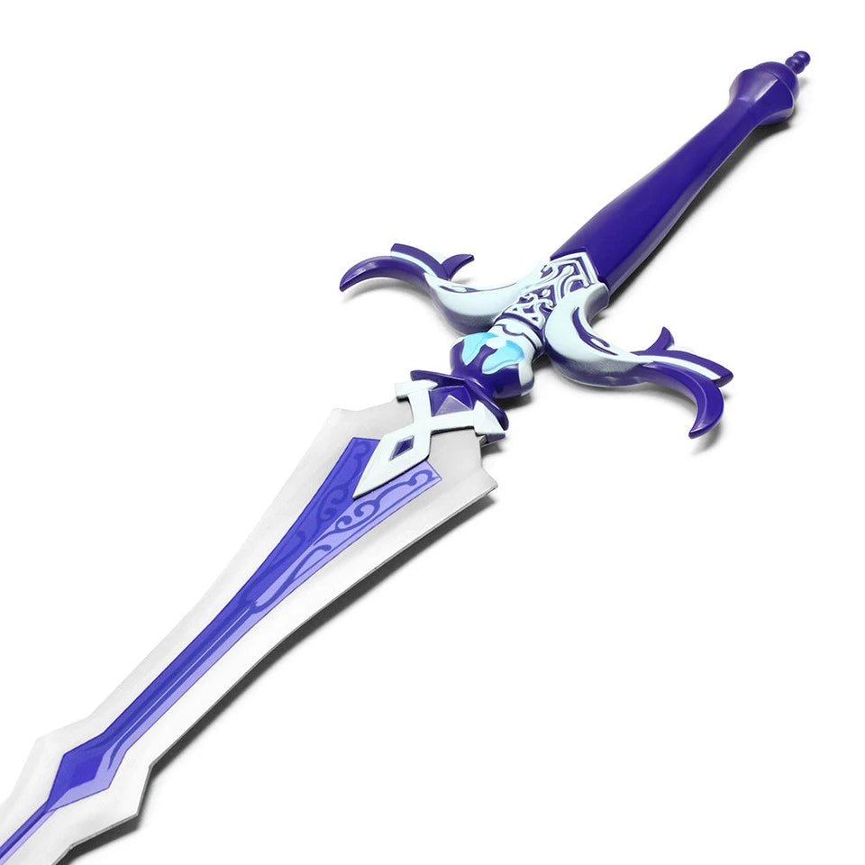 Close-up of the Sacrificial Sword display collectible showcasing the ornate crossguard, beautifully engraved decorative patterns, textured ergonomic handle, premium stainless steel construction, and elegant purple detailing inspired by Genshin Impact.