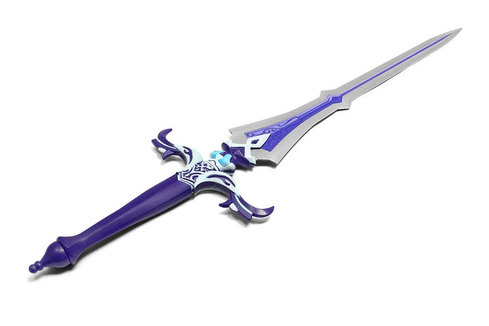 Sacrificial Sword Genshin Impact display collectible crafted from premium stainless steel with elegant purple accents, intricate fantasy-inspired engravings, decorative display finish, and collector-quality craftsmanship for anime gaming enthusiasts and cosplay displays.