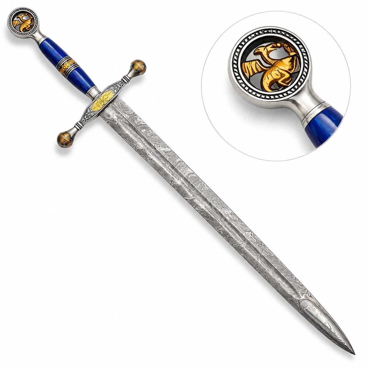 Saint George Ascalon Dragon Slayer Sword Replica resting on a mossy fallen log in an enchanted forest