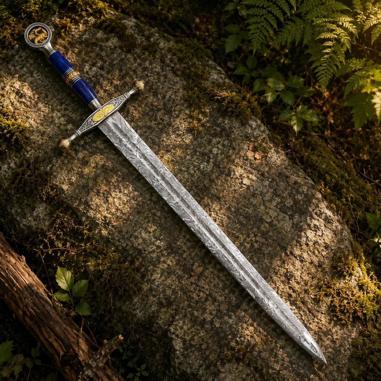 Close-up of Saint George Ascalon Sword blue resin grip with gold dragon pommel medallion and ornate crossguard