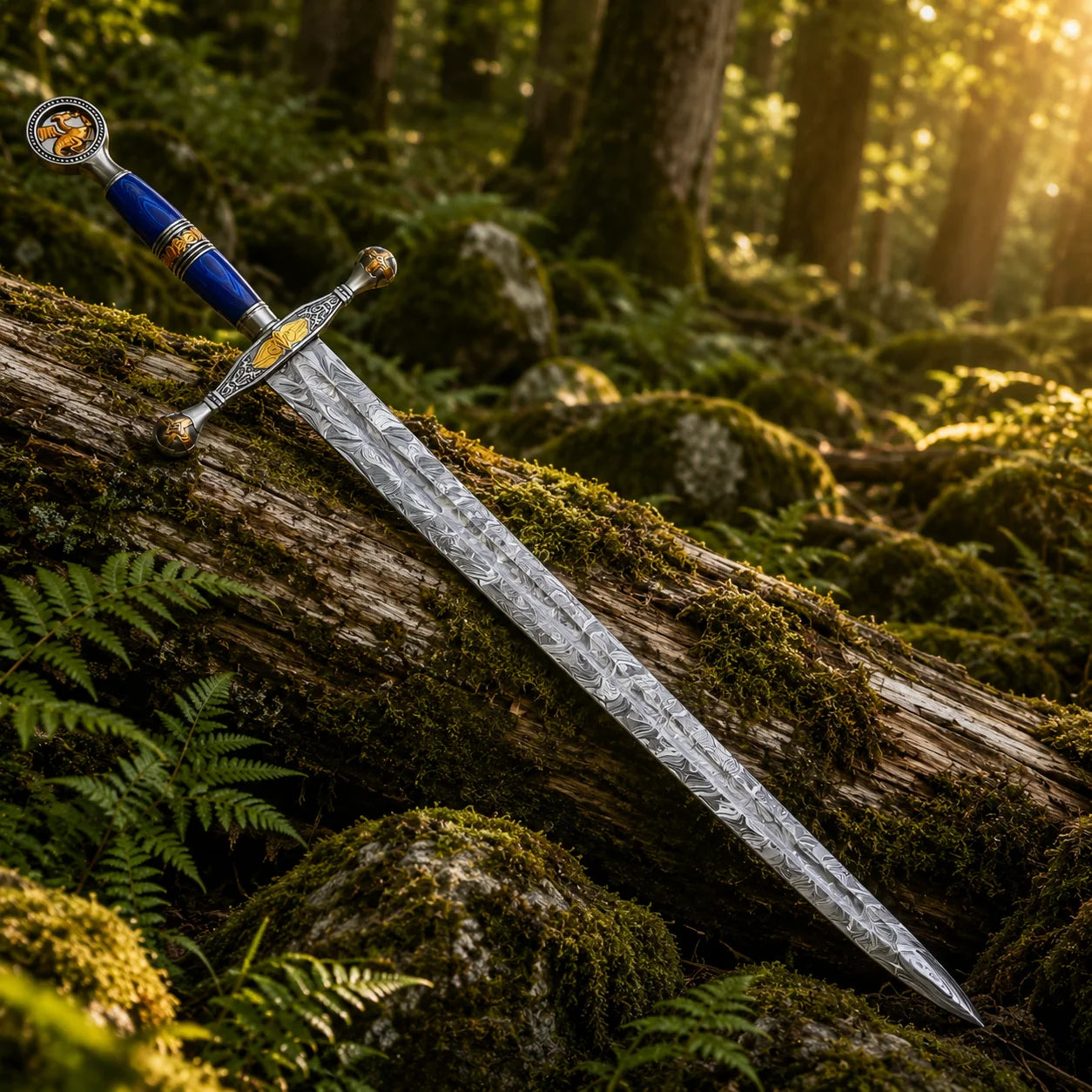 Saint George Ascalon Dragon Slayer Sword Replica held in a black gloved hand raised in a lush green forest