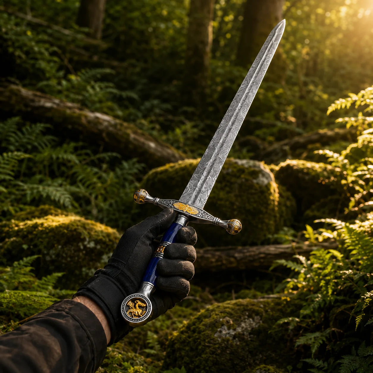 Saint George Ascalon Dragon Slayer Sword Replica displayed at an angle in a sunlit forest setting