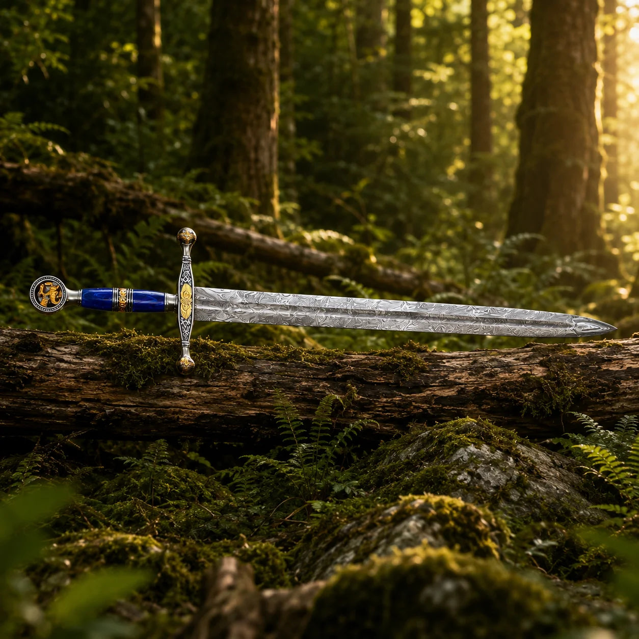 Detail shot of Saint George Ascalon Dragon Slayer Sword Replica showcasing gold engravings and Damascus steel