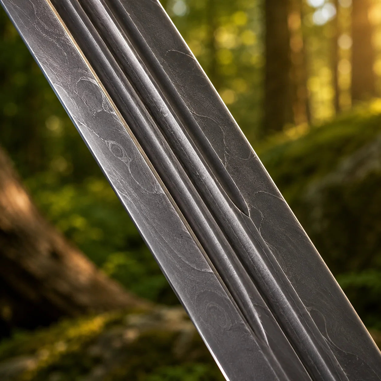Saint George Ascalon Dragon Slayer Sword Replica hero product shot with forest backdrop and warm sunlight