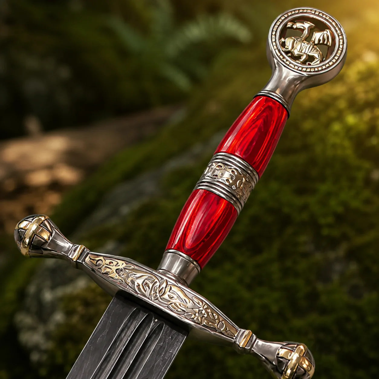 Saint George Ascalon Dragon Slayer Sword Replica full blade displayed on a mossy forest rock with red grip and silver crossguard
