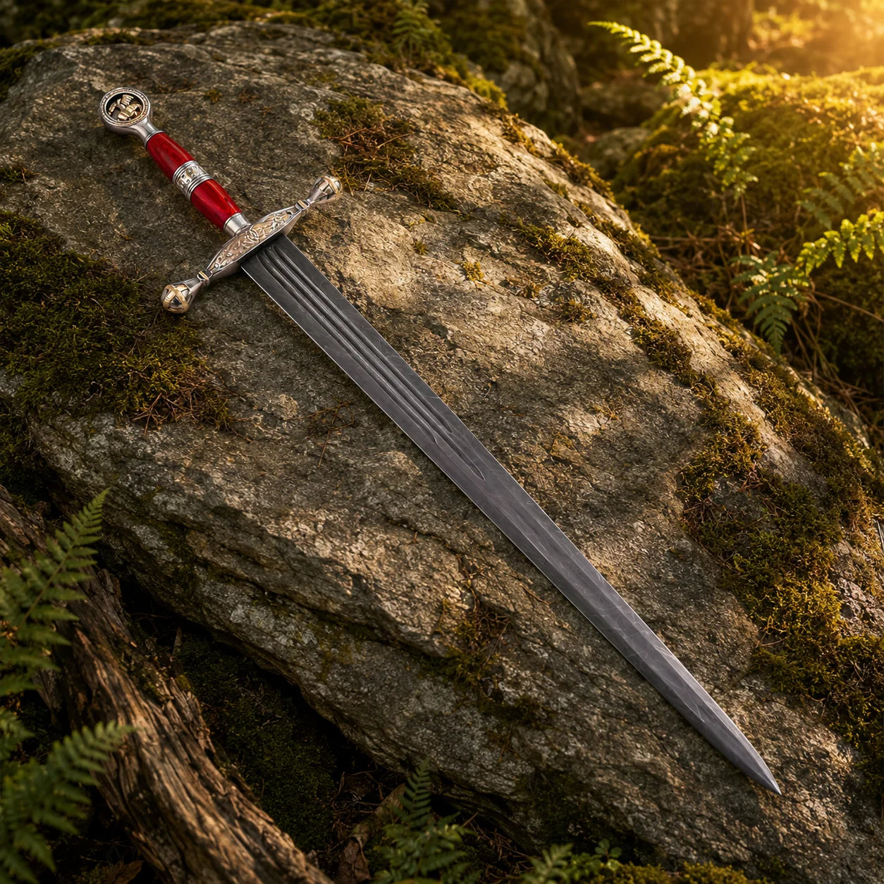 Saint George Ascalon Dragon Slayer Sword Replica standing upright in a lush green forest with warm golden sunlight filtering through the trees