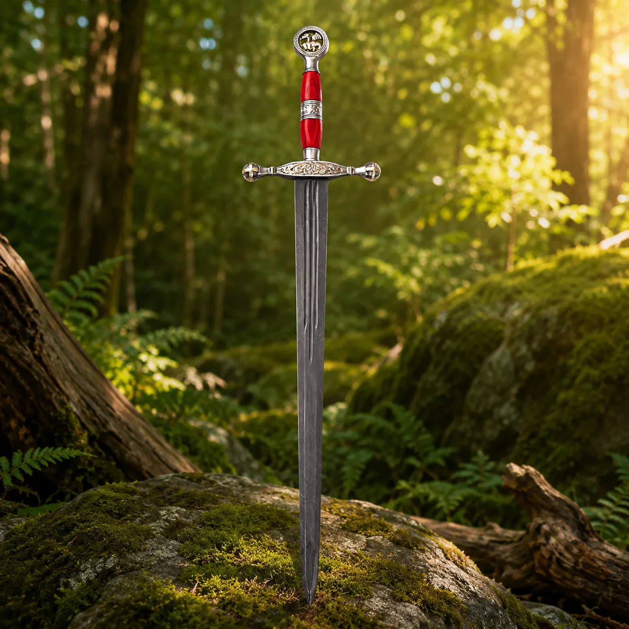 Saint George Ascalon Dragon Slayer Sword Replica planted blade-first into mossy ground in a sunlit forest with red grip and silver pommel