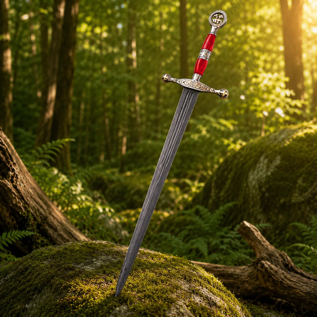 Saint George Ascalon Dragon Slayer Sword Replica resting horizontally on a mossy log in a bright green forest with bokeh background