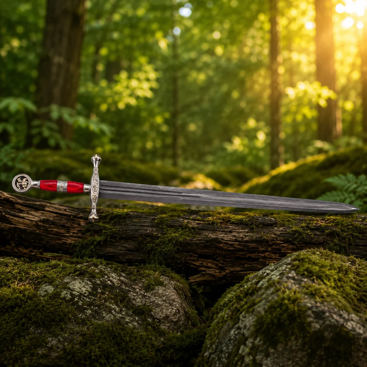 Saint George Ascalon Dragon Slayer Sword Replica held aloft in a black gloved hand in a sunlit forest showcasing full blade length and red grip