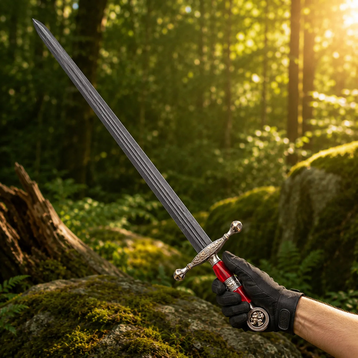 Saint George Ascalon Dragon Slayer Sword Replica at a dramatic angle in a lush forest setting with golden hour lighting and mossy rocks