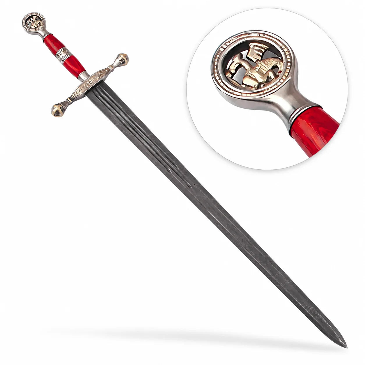 Close-up of Saint George Ascalon Dragon Slayer Sword Replica red resin grip with silver Saint George pommel medallion and ornate engraved crossguard