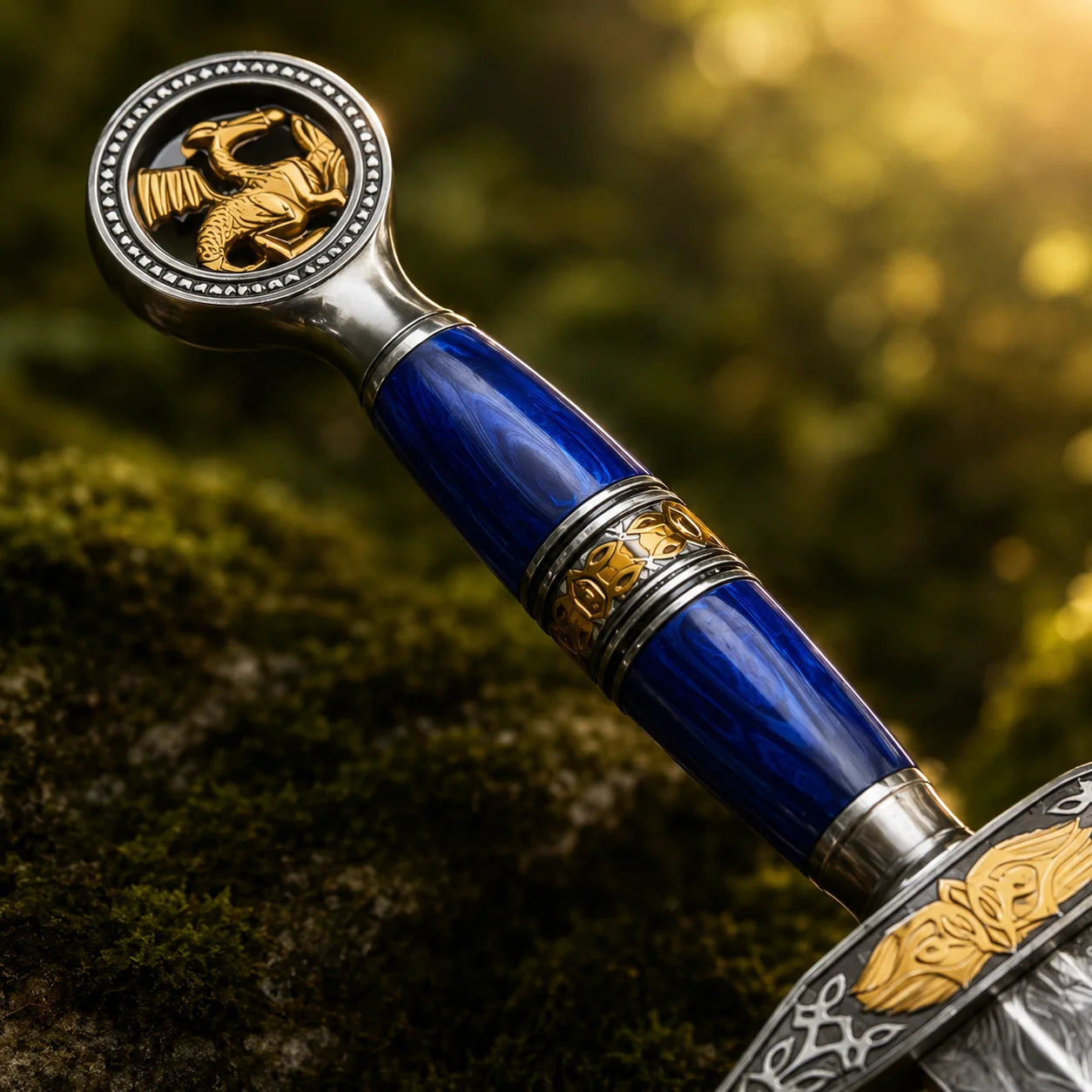 Saint George Ascalon Dragon Slayer Sword Replica standing upright in a mossy forest with golden sunlight