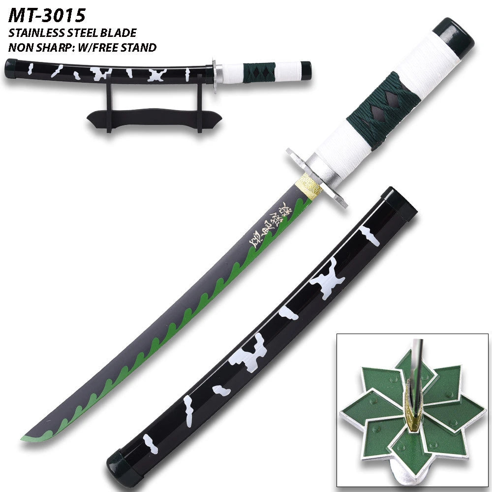 Premium Sanemi Shinazugawa Green Nichirin display collectible inspired by the Wind Hashira from Demon Slayer featuring decorative metal craftsmanship, carbon steel construction, premium display finish, and anime-inspired detailing for dedicated collectors.