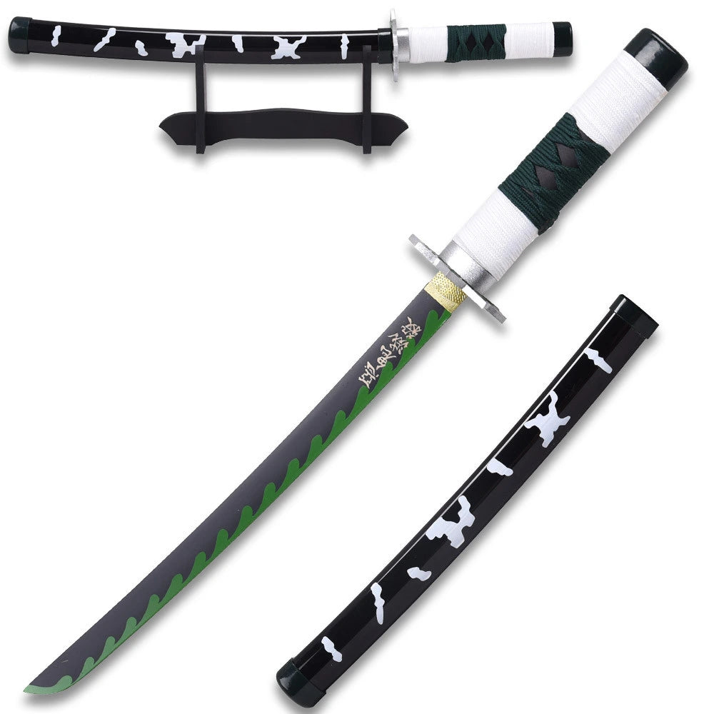 Demon Slayer Sanemi Shinazugawa Green Nichirin display collectible displayed with its matching decorative scabbard and presentation stand, creating an impressive centerpiece for anime room décor, gaming setups, collector cabinets, cosplay photography, and themed displays.