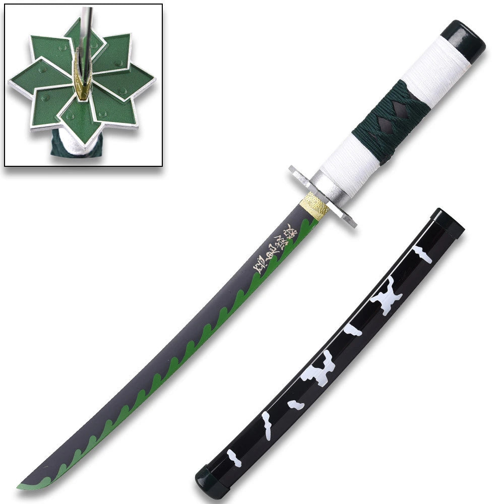 Close-up of the Sanemi Shinazugawa Green Nichirin display collectible highlighting the character-inspired wrapped handle, detailed decorative guard, premium craftsmanship, elegant display finish, and collector-focused styling from Demon Slayer.