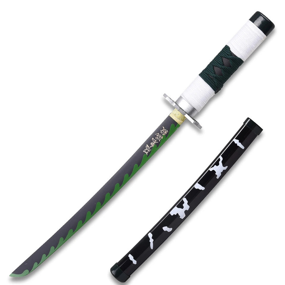 Full-length Sanemi Shinazugawa Green Nichirin display collectible from Demon Slayer showcasing the distinctive Wind Hashira design, decorative guard, premium display finish, matching scabbard, and presentation-ready craftsmanship for dedicated anime collectors.