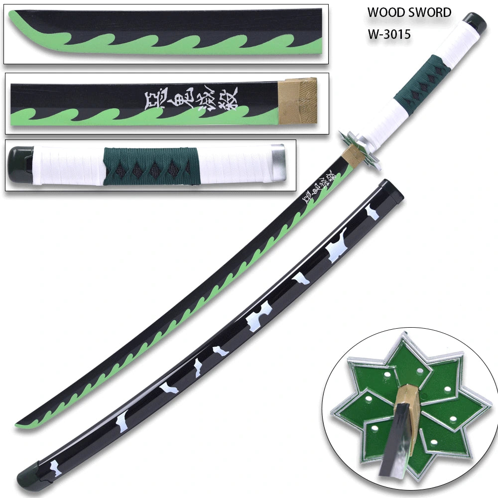 Full-length Sanemi Green Nichirin wooden Sword with black and green lightning blade and matching scabbard for cosplay