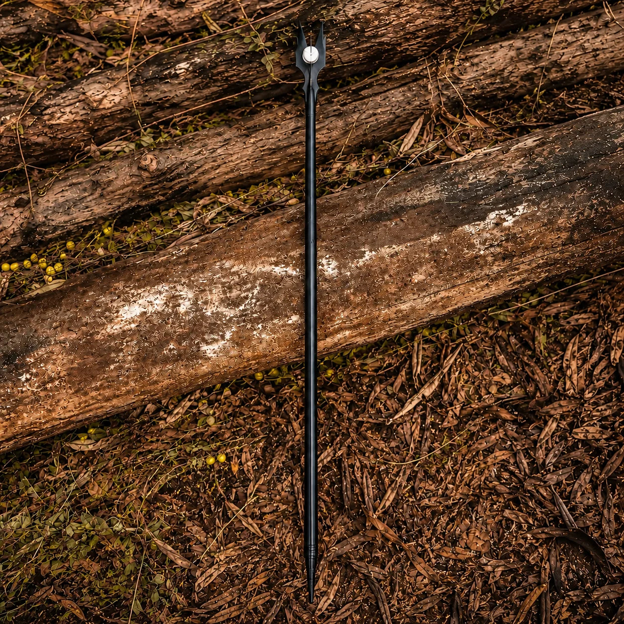 Gloved hand holding Saruman staff prop replica outdoors – LOTR cosplay accessory display piece