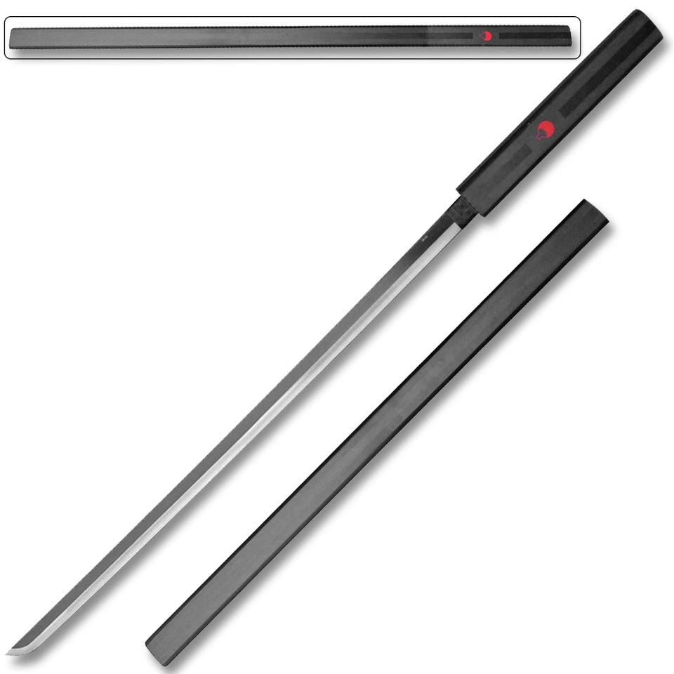 Full-length Sasuke steel sword and hardwood scabbard arranged as an adult anime collectible for controlled private display