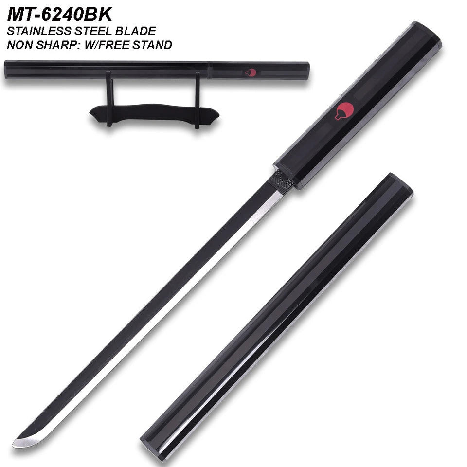 Full-length Sasuke Kusanagi Black Katana Naruto collectible displayed with matching black scabbard, showcasing decorative black finish, premium craftsmanship, elegant styling, and outstanding presentation for anime collectors and cosplay displays.