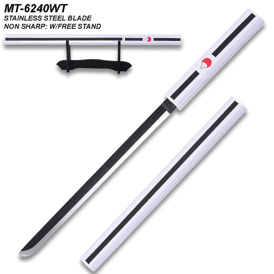 Full-length Sasuke Kusanagi Silver Katana Naruto collectible displayed with a matching black scabbard, highlighting elegant silver styling, premium decorative craftsmanship, and exceptional presentation for anime collectors and cosplay displays.