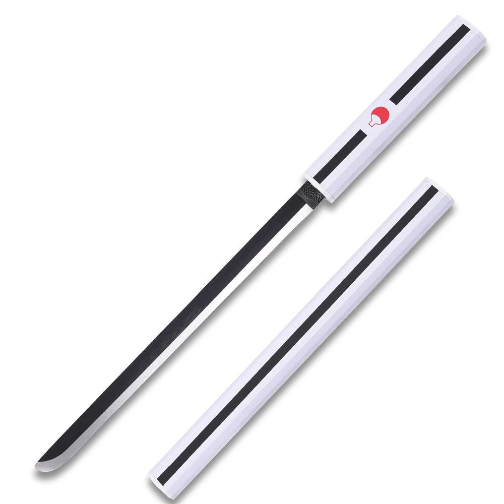 Sasuke Kusanagi Silver Katana Naruto collectible inspired by Sasuke Uchiha featuring an elegant silver display finish, matching black scabbard, premium decorative craftsmanship, and anime-inspired detailing for collectors and cosplay enthusiasts.