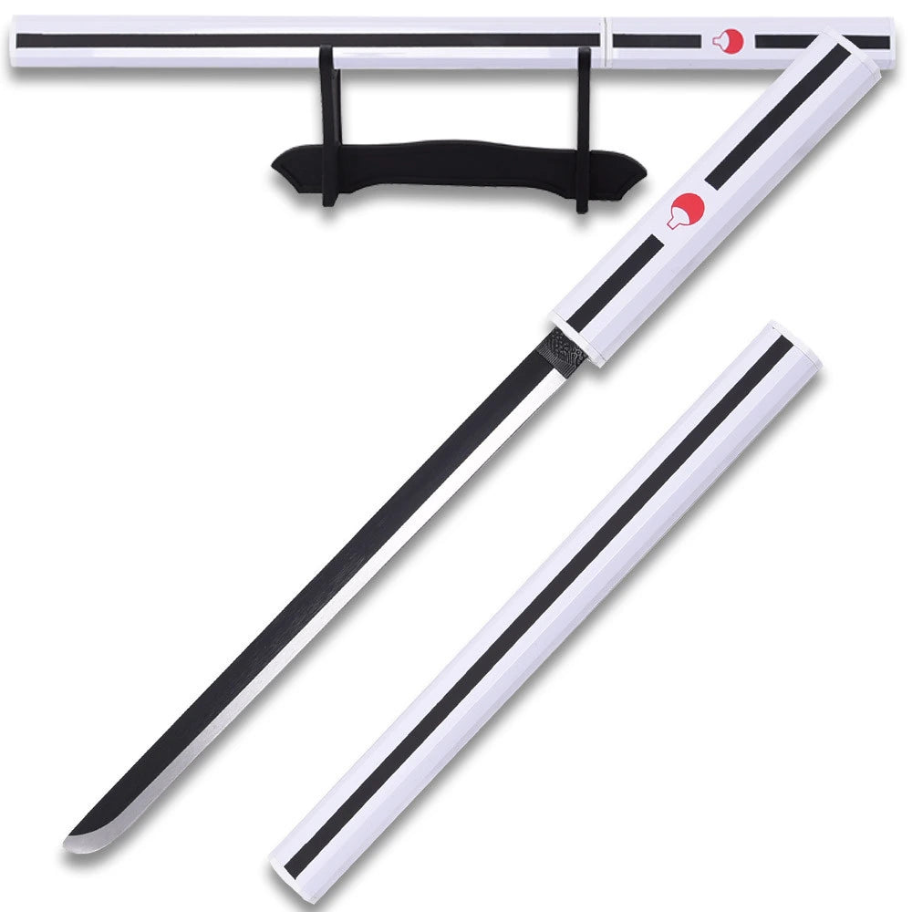 Close-up image of the Sasuke Kusanagi Silver Katana collectible showcasing the traditional wrapped handle, decorative guard, polished silver display finish, premium construction, and collector-quality craftsmanship inspired by Naruto.